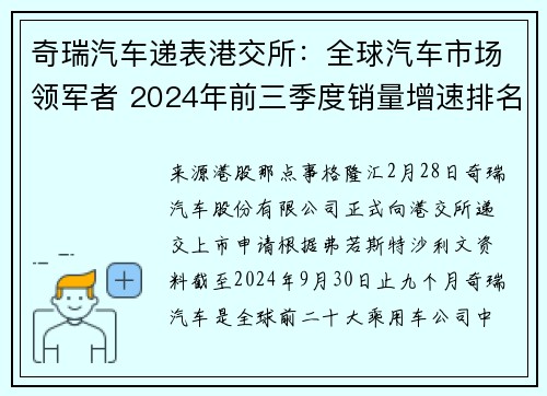 奇瑞汽车递表港交所：全球汽车市场领军者 2024年前三季度销量增速排名第一