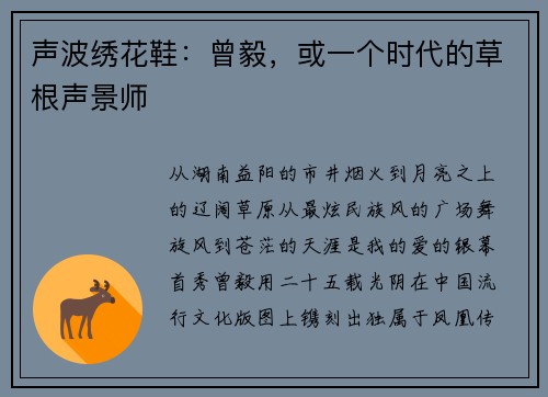 声波绣花鞋：曾毅，或一个时代的草根声景师