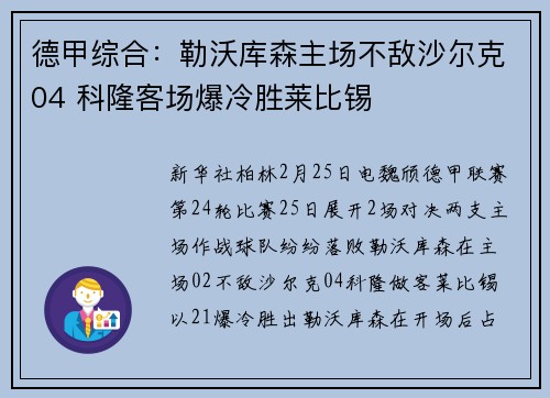 德甲综合：勒沃库森主场不敌沙尔克04 科隆客场爆冷胜莱比锡