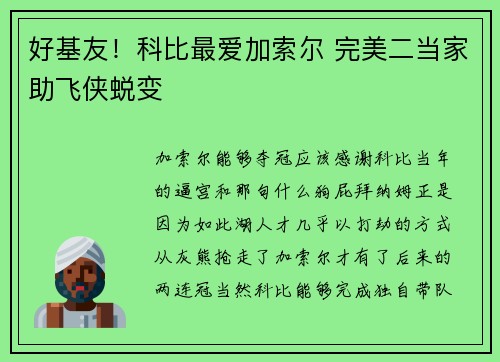 好基友！科比最爱加索尔 完美二当家助飞侠蜕变